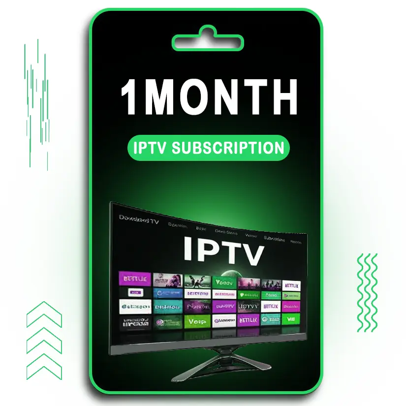 A digital card displaying "1 MONTH IPTV SUBSCRIPTION" in bold white text on a green background. Below, a TV screen showcases various streaming services and live TV options under the IPTV interface. The design features a black and green theme, with modern visual elements and a hanging card slot at the top, indicating a prepaid IPTV service valid for 1 month.