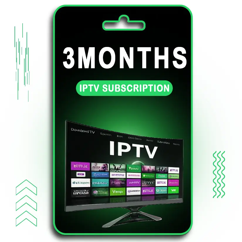 A digital card displaying "3 MONTHS IPTV SUBSCRIPTION" in bold white text on a green background. Below, a TV screen showcases various streaming services and live TV options under the IPTV interface. The design features a black and green theme, with modern visual elements and a hanging card slot at the top, indicating a prepaid IPTV service valid for 3 months with 4 connections.