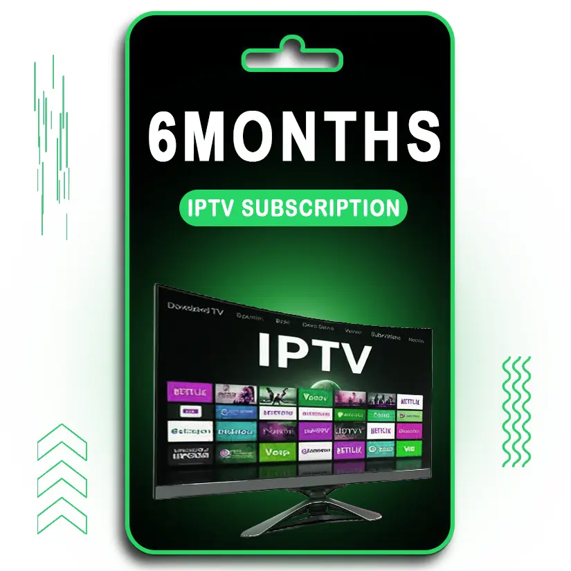 A digital card displaying "6 MONTHS IPTV SUBSCRIPTION" in bold white text on a green background. Below, a TV screen showcases various streaming services and live TV options under the IPTV interface. The design features a black and green theme, with modern visual elements and a hanging card slot at the top, indicating a prepaid IPTV service valid for 6 months.