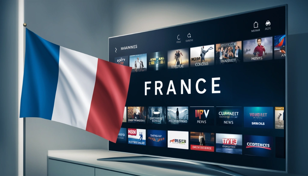 Smart TV screen showing IPTV France interface with French flag, displaying a variety of entertainment and news channels.