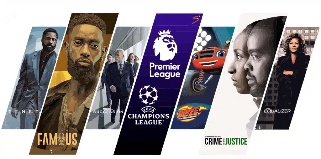 A collage of popular TV shows and sports channels, featuring posters for movies like Tenet, series like Succession, sports events like Premier League and UEFA Champions League, kids' shows like Blaze, and crime dramas like Crime & Justice and The Equalizer, showcasing the variety of content available with IPTV.