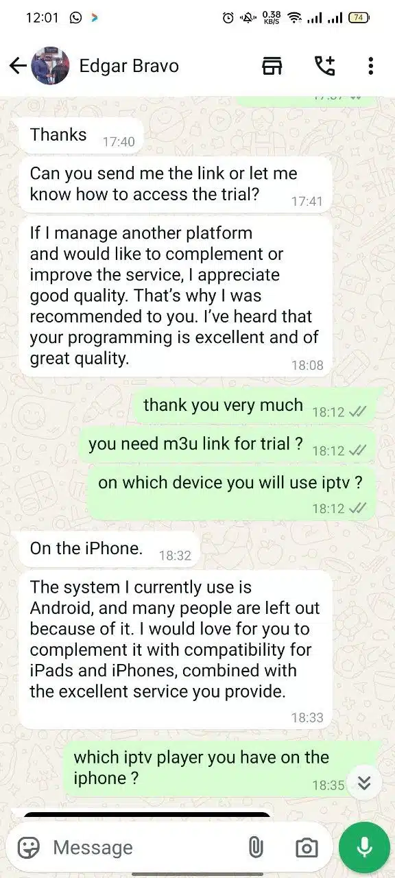A series of WhatsApp chat conversations discussing IPTV services. The first conversation covers details about a one-year, four-device IPTV subscription, including the need for the MAC ID and device key for activation. The second conversation involves troubleshooting IPTV issues, with support offering to remove unwanted channels. The third chat features a customer asking about IPTVShark services after being recommended by a colleague, questioning the discrepancy between the logo shown in the app and the one on the website.