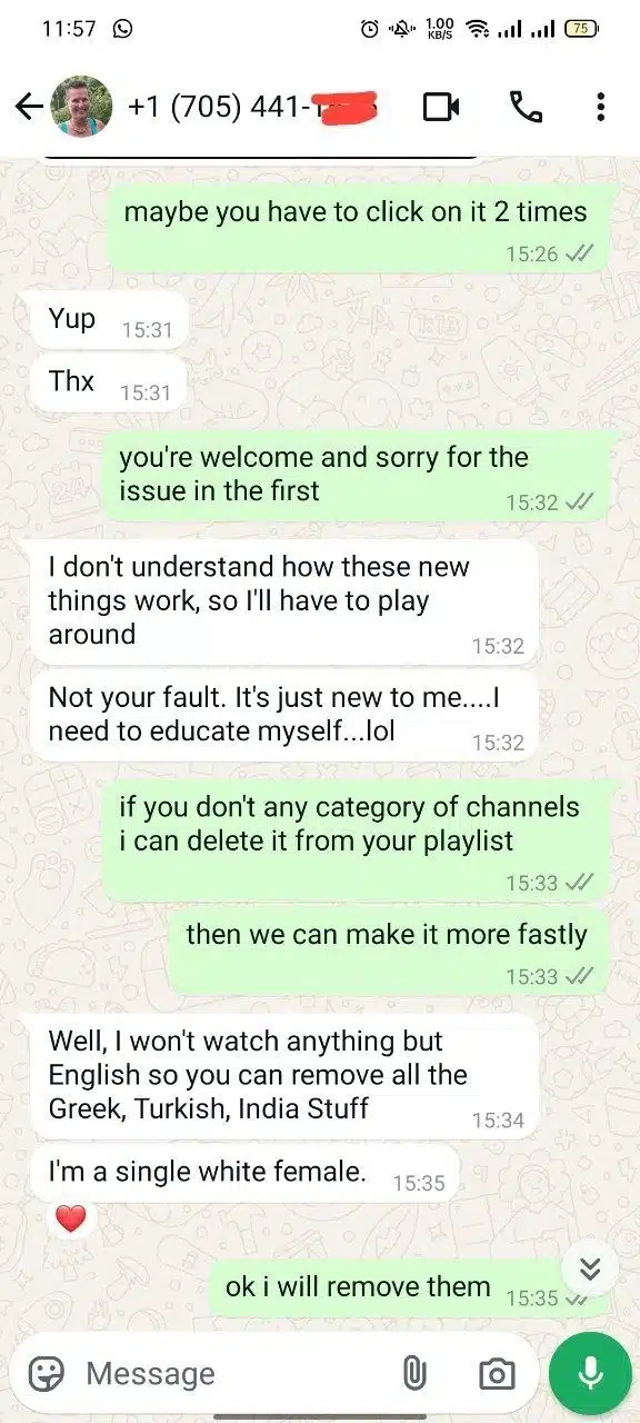 A series of WhatsApp chat conversations discussing IPTV services. The first conversation covers details about a one-year, four-device IPTV subscription, including the need for the MAC ID and device key for activation. The second conversation involves troubleshooting IPTV issues, with support offering to remove unwanted channels. The third chat features a customer asking about IPTVShark services after being recommended by a colleague, questioning the discrepancy between the logo shown in the app and the one on the website.