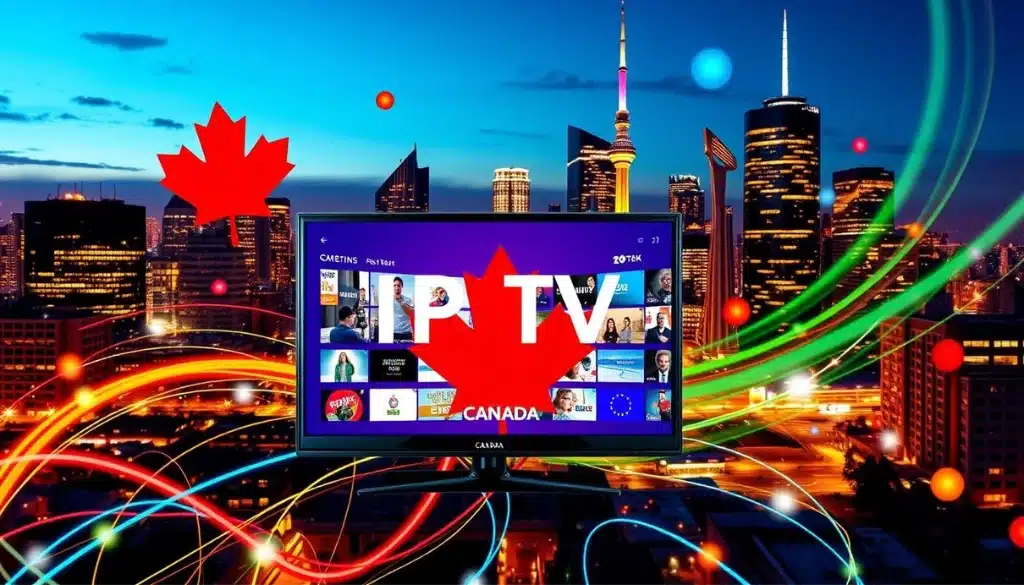A vibrant cityscape with the "IPTV Canada" logo on a TV screen, surrounded by colorful light trails and the Canadian flag, symbolizing access to IPTV streaming services across Canada.