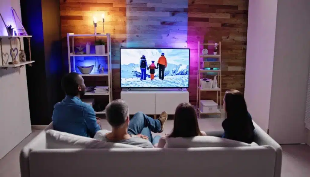 A family sitting together on a couch, enjoying IPTV while watching a snowy mountain scene on a large TV screen in a cozy living room.