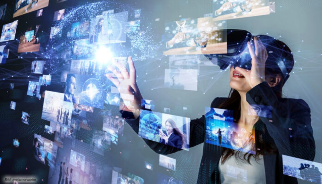 A person wearing virtual reality glasses, interacting with a digital screen displaying various media and images, with a futuristic and technological background.